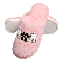 Load image into Gallery viewer, ComfyLuxe Sequined Dog Mom With Paw Print Microfiber Slide On Slippers