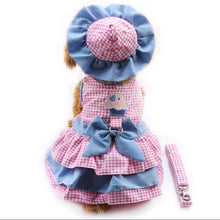 Load image into Gallery viewer, Blue and Pink / White Checkered Dress adorned with a cupcake, a bonnet hat, bloomers, and a leash for your dog or cat.