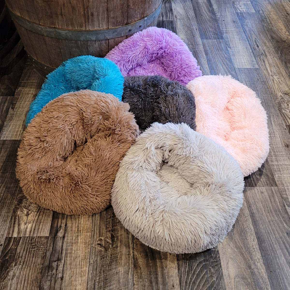 colorful calming donut pet bed dogs cats puppies kittens fluffy soft blue purple pink grey brown 16" 40cm for anxiety
