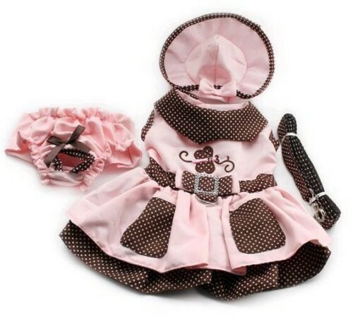 Pink and Brown Southern Belle Dress adorned with a butterfly, a bonnet hat, bloomers, and a leash for your dog or cat.