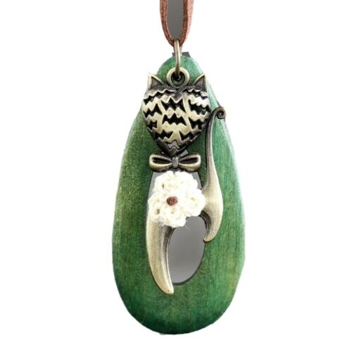 Cat Necklace made of Wood with handmade flower hanging with rope.  Green wood.