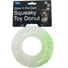 Load image into Gallery viewer, Glow in the dark squeaky dog toy donut 
