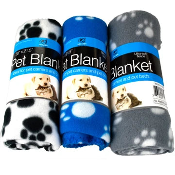 Paw Print Pet Blanket for Dogs and Cats Kennels, Cars, Camping, Furniture, Bedding, 3 colors available, tan and black, blue and white, and grey and white