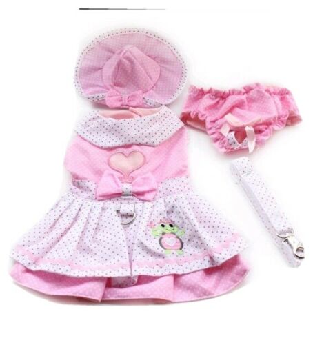 Pink Southern Belle Dress, Bonnet Hat, Bloomers and matching leash adorned with a bow and frog for your dog or cat.