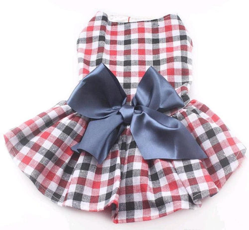 Red and Blue Checkered Dress adorned with a bow for your dog or cat.