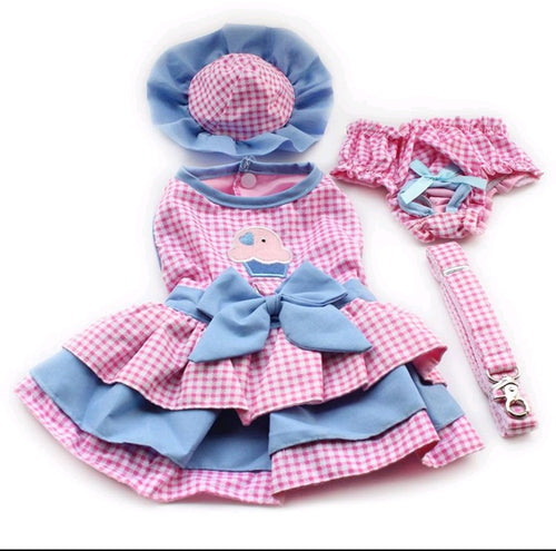 Blue and Pink / White Checkered Dress adorned with a cupcake, a bonnet hat, bloomers, and a leash for your dog or cat.